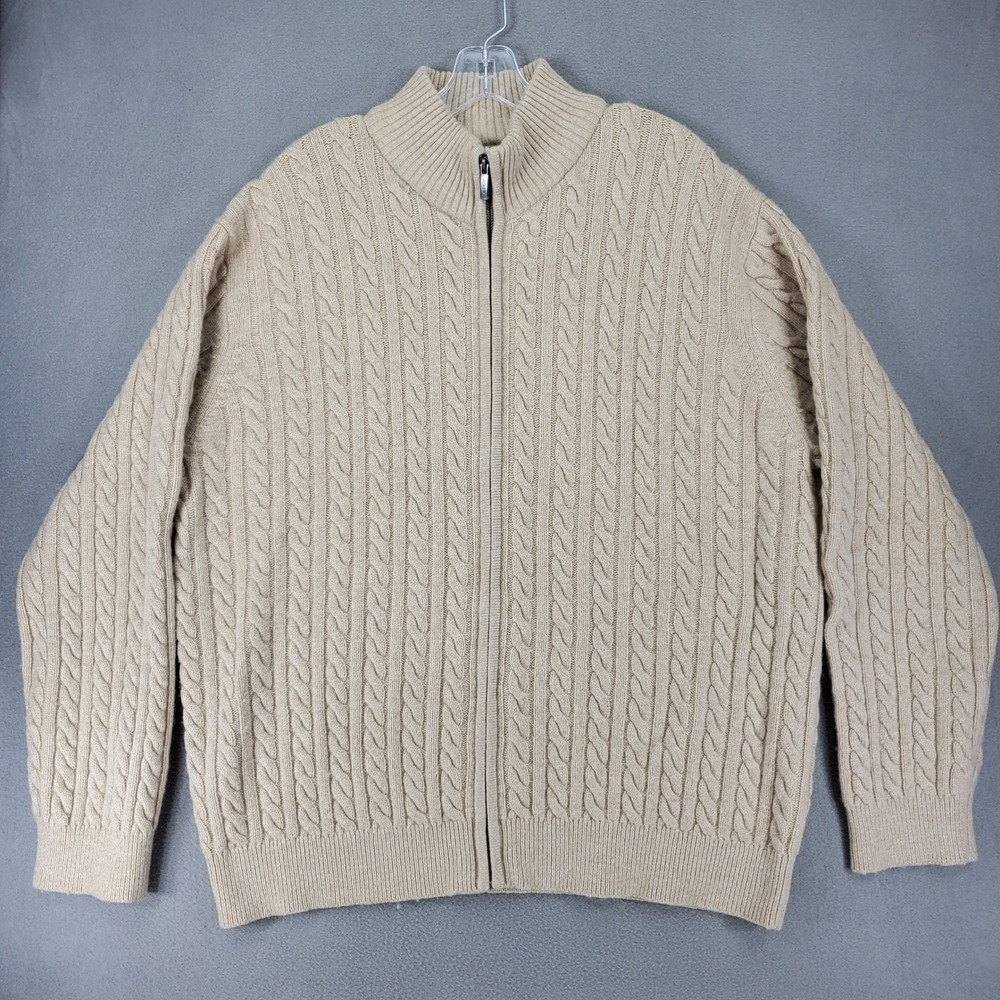 J.Crew Cardigan Sweater Mens XL Beige Cable Knit Full Zip Mock Neck Lambs Wool